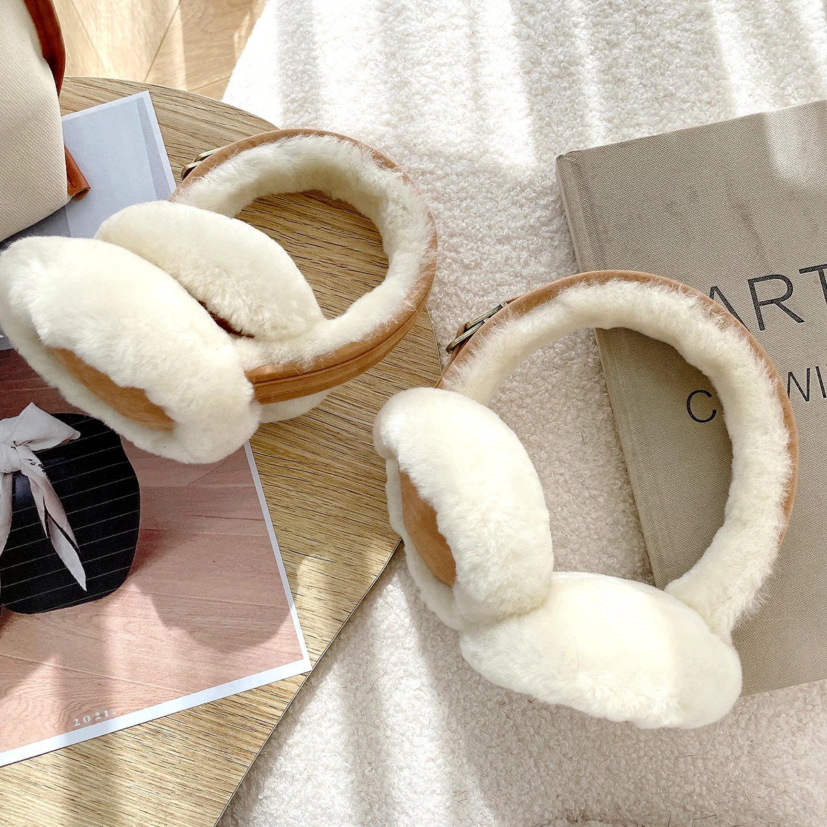 Natural Wool Ear Warmer Winter Sheepskin Ear Muffs for Women Soft Warm Solid Earflap Outdoor Cold Protection EarMuffs Ear Cover