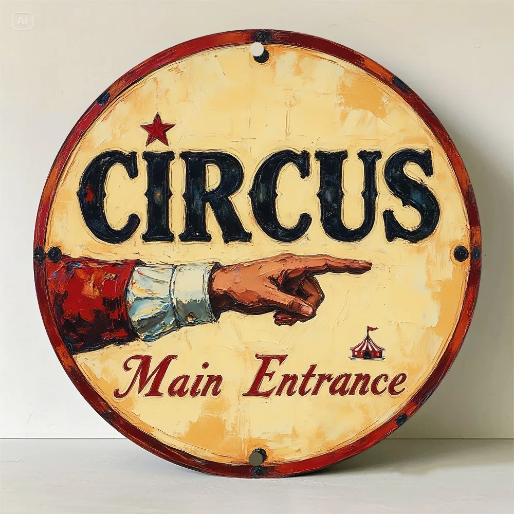Letrero Redondo Retro de Circo para Entrada Principal, 8 Pulgadas, Decoración de Pared Vintage con Diseño de Carpa de Payasos para Bar, Garaje u Hogar