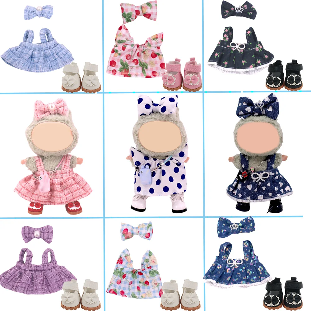 

3Pcs Doll Clothes Bow Hair Accessory+Skirt+Princess Shoes Cute Pretty Dresses For Labubu 17CM Plush Doll Set,Girl Toy Gifts DIY