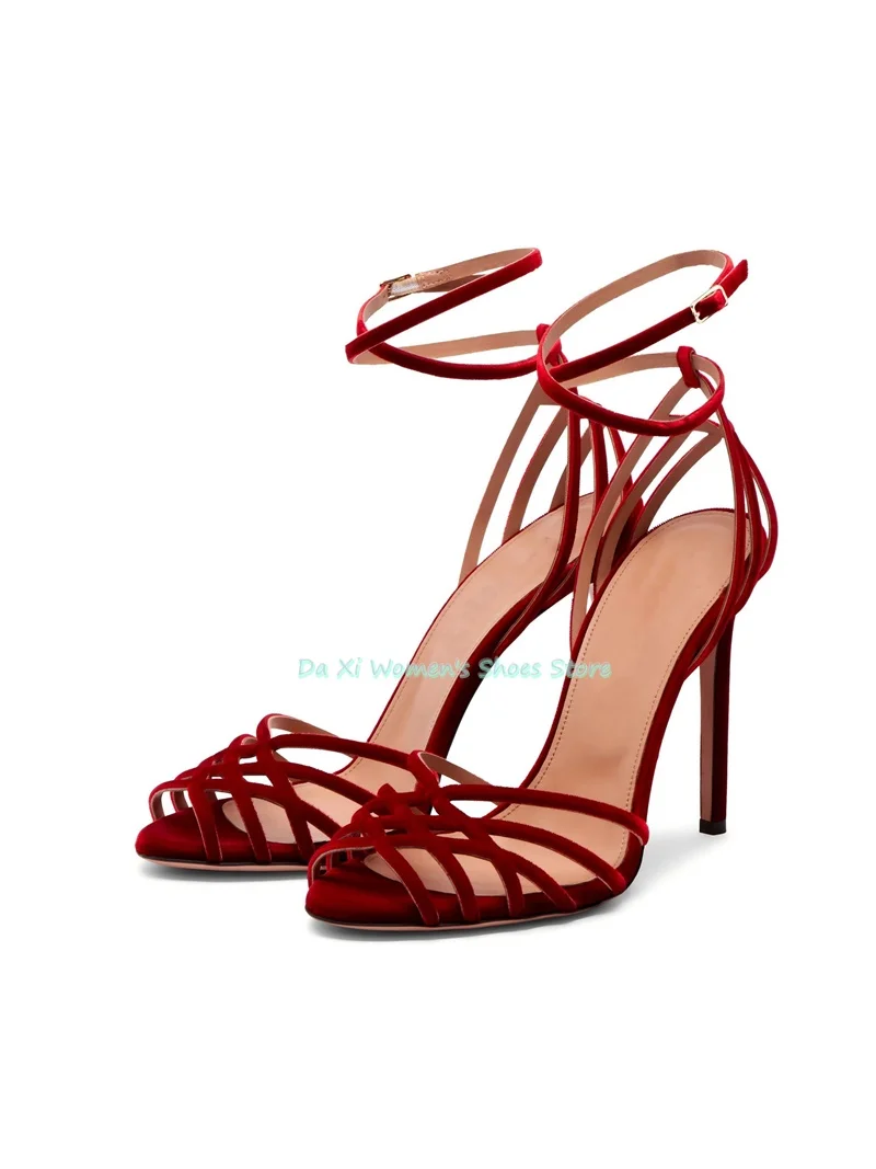 Nouvelles sandales sexy à talons hauts en velours bordeaux, à bout ouvert et bout rond, avec bride fine croisée, pour mariage