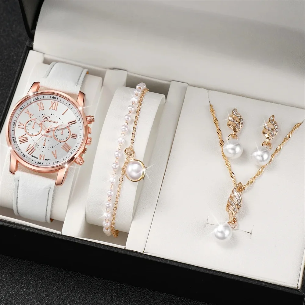 Womens Fashion Watches Luxury Rhinestone Necklace Bracelet Earrings Set Elegant Causal Wristwatch Quartz Watch For Ladies Clock