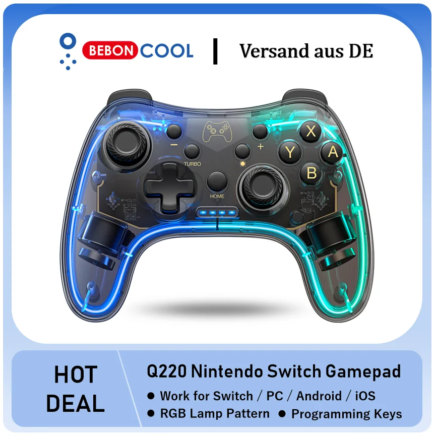 BEBONCOOL Q220 RGB Gamepad Wireless RGB Pro Controller, Compatible with Nintendo Switch Lite/Switch Oled/PC/iOS/Android