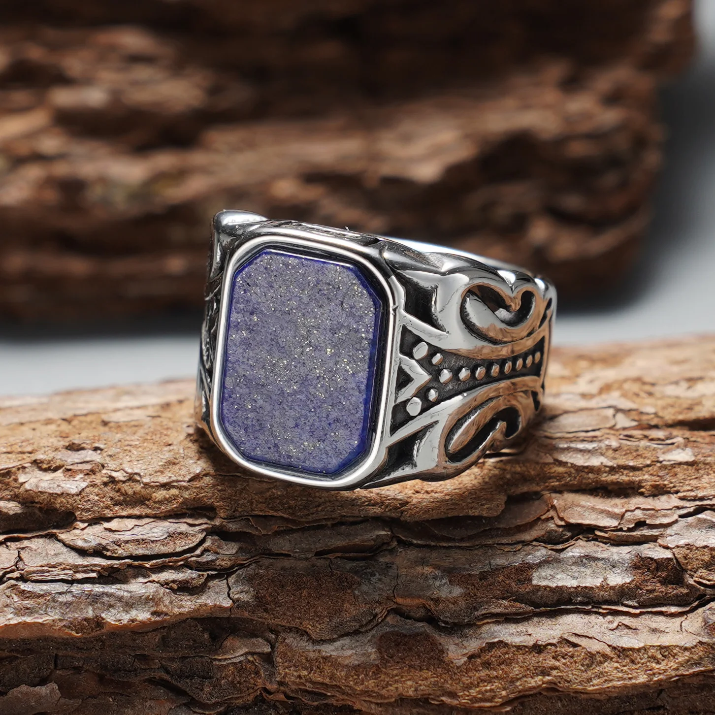 Herren Vintage 316L Edelstahl Rechteckiger Synthetischer Lapis Lazuli Siegelring, Hohlmuster Minimalistischer Trendiger Schmuck – Detail 4