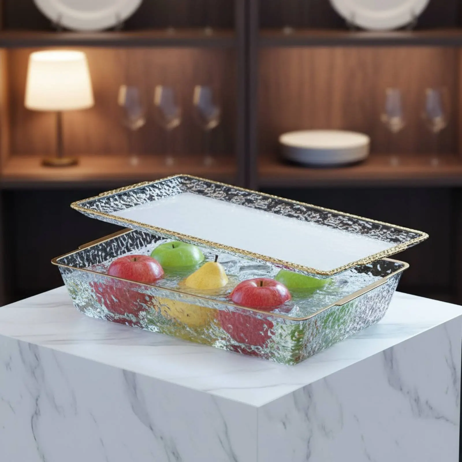 

Ice Chilled Serving Tray with Lid Easy to Clean Rectangular Food Chiller Platter Gold Border Serving Container Shatter-Resistant