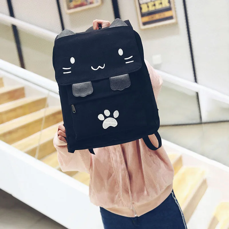 ABQR mode mignon chat broderie toile étudiant sac dessins animés femmes sac à dos loisirs sac d'école noir et blanc