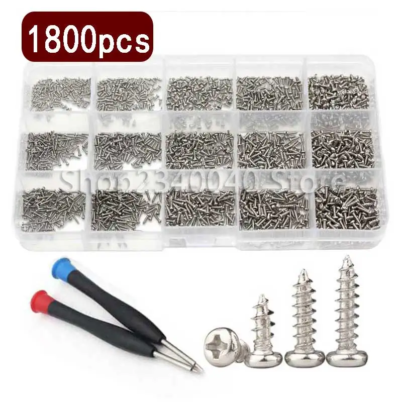 

M1 M1.2 M1.4 M1.5 M1.7 Bolt 1800pcs Nickel Plating Mini Micro Cross Round Pan Head Head Self Tapping Screws Kit With Screwdriver