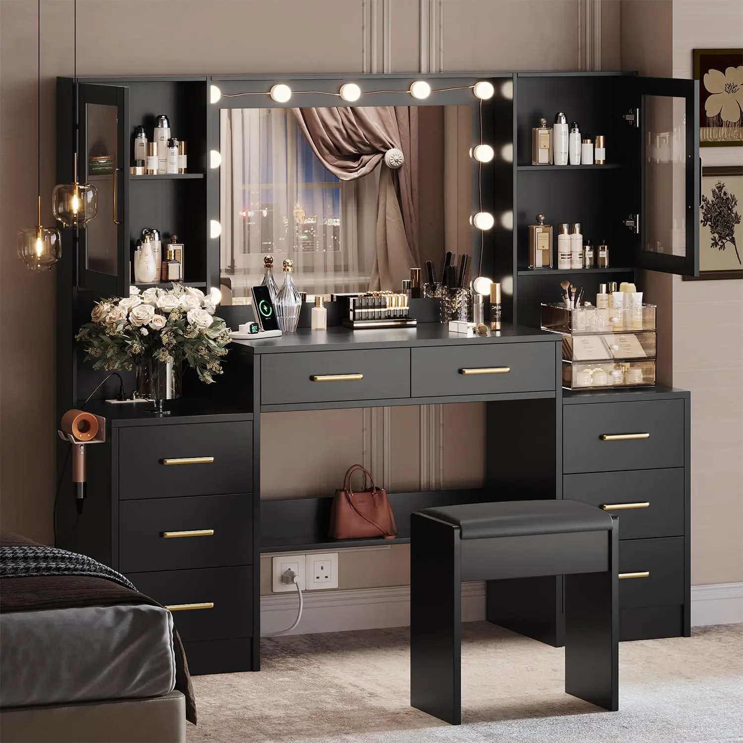 Black Vanity Desk with Mirror, Lights & Charging Station, 58.3" 3 Lighting Modes Makeup Desk with 8 Drawers, 2 Cabinets and Lots