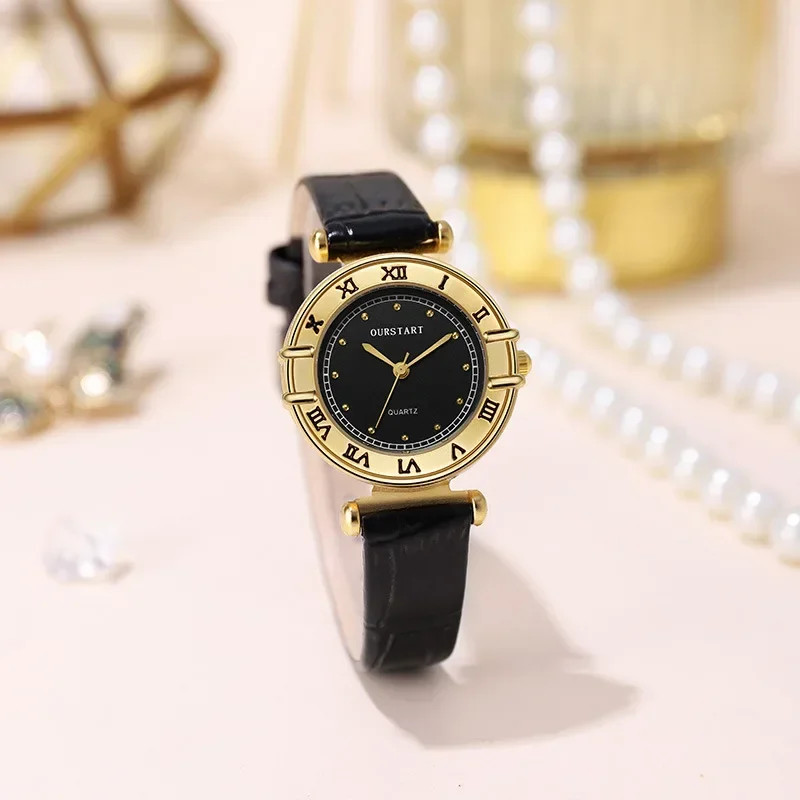 Fashion Women Quartz Watch Luxury Clocks Gold Small Round Roman Numerals Number Dial Vintage Leather Ladies Quartz  Wristwatches