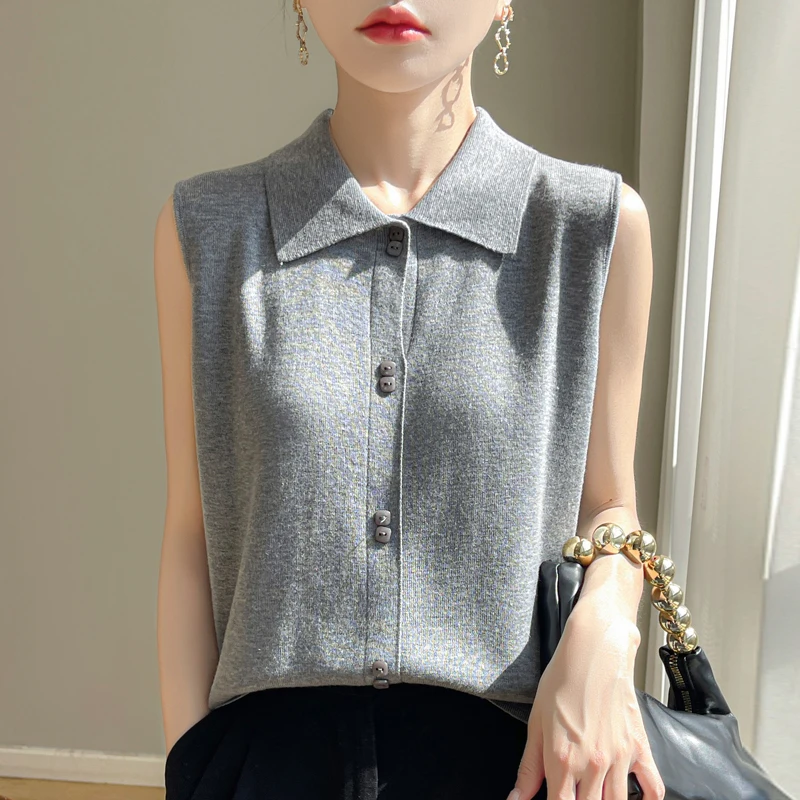 Fine Imitation Wool Shirt Vest Women 2024 Summer,Sleeveless Knit Top,With Loose Lapels,Will Not Pill,Shrink Resistant Sweater