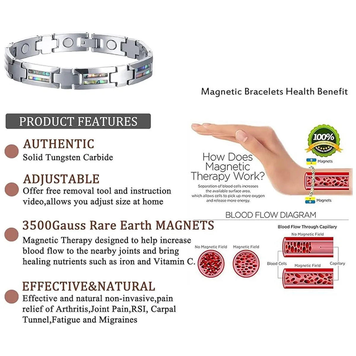 ARADOO Tungsten Steel Bracelet Pure Tungsten Inlaid Abalone Shell Hematite Men‘s Link Bracelets