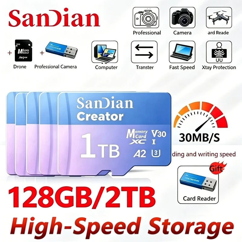 2026 New Creator MicroTf SD XC CARD 128GB V30 A2 Memory Card 256GB 512GB Micro Tf SD Card Max 190Mb/s TF Card for 4K drone GOPR