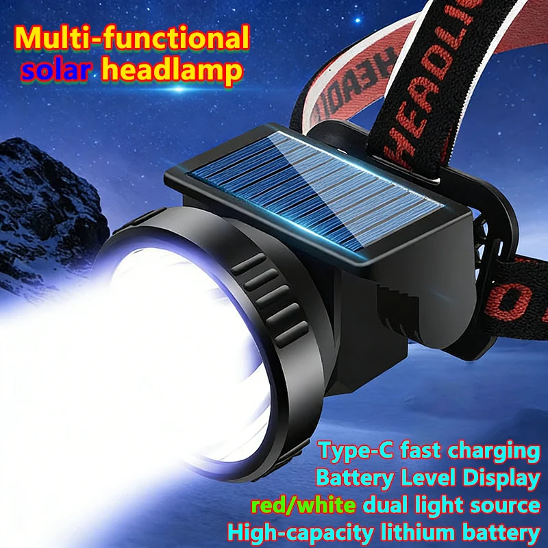 

Solar + USB Rechargeable LED high brightness Headlamp Long-Range Head Flashlight Outdoor Waterproof Camping Fishing Headlight