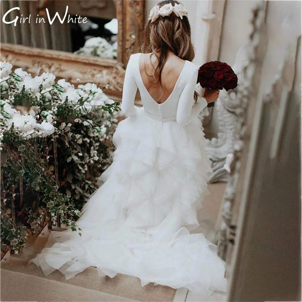 свадебное плать Modern Long Sleeves Backless Wedding Dress A Line Tiered Pleated Wedding Bridal Gown فساتين مناسبة حسب الطلب