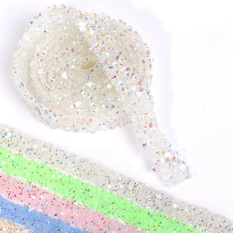 1Yard Self Adhesive 12mm Rhinestone Beaded Trim Colorful Resin Rhinestone Hotfix Ribbon Stick on Chain for DIY Garment,Shoes,dec