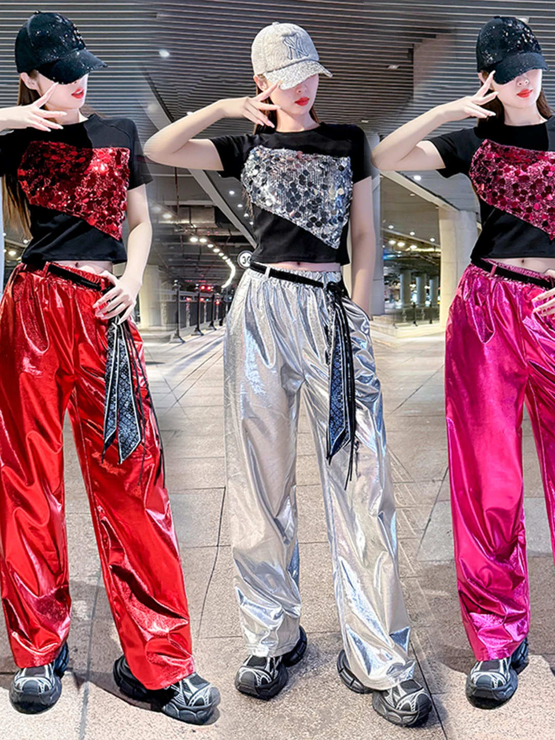 Shiny Sequin Stage Performance Outfit Women's Jazz Dance Show Costume Street Dance Pants Two-Piece Set for Young Adults