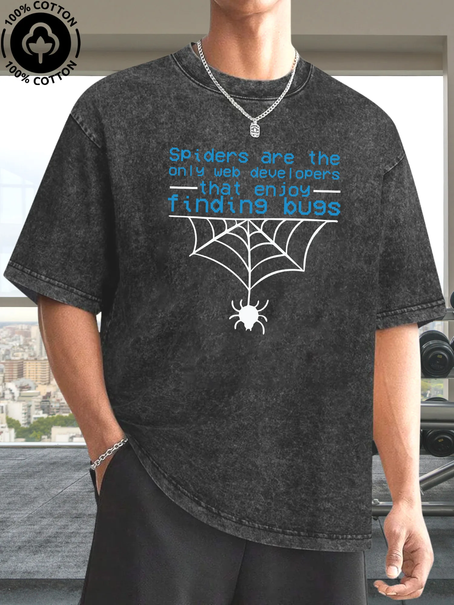 

Spiders Enjoy Finding Bugs Men's Graphic Tee, 100% Cotton Vintage Black T-Shirt, Retro Street Acid Washed Tee