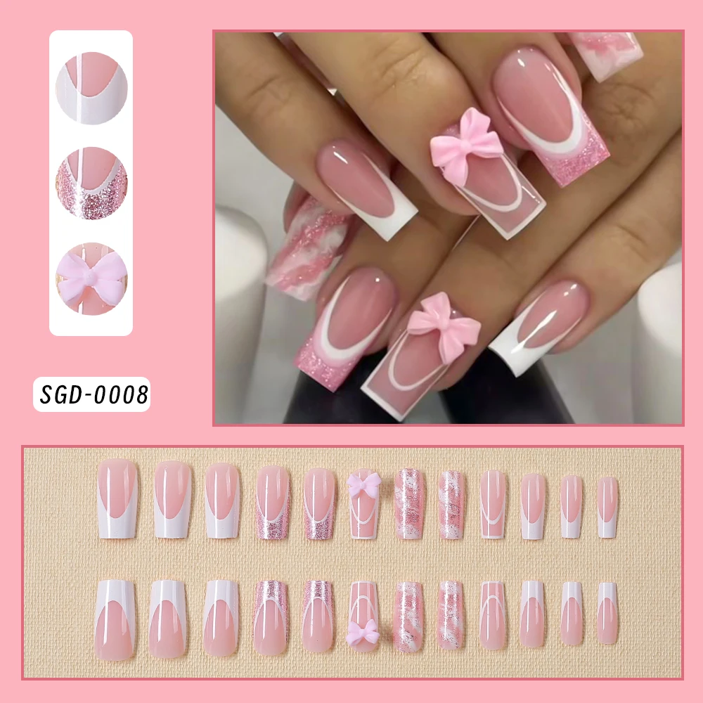 24Pcs Pink Bowknot French Fake nails Patches 3D Pink Glitter Bow Long Coffin French False Nails Full Cover Acrylic Press on nail