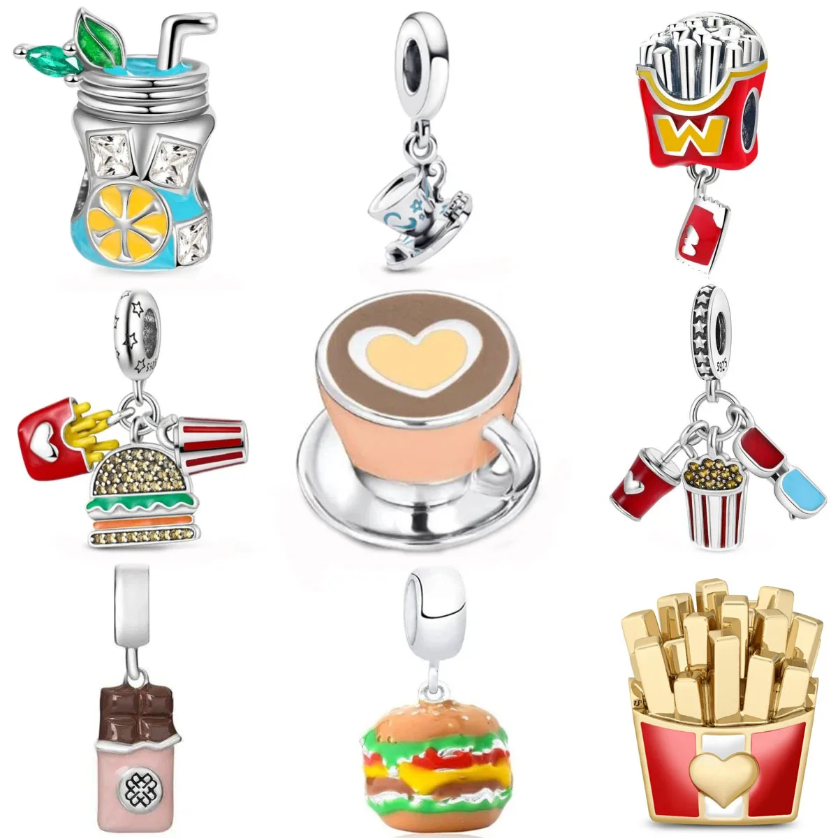 

New 925 Sterling Silver Burger Fries Coffee Chocolate Charm DIY Fine Bead Fit Original Pandora Charms Bracelet For Women Gifts