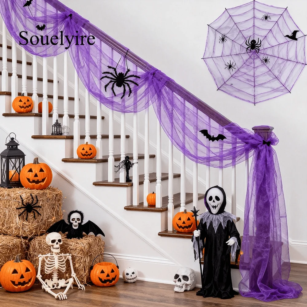 Schwarz/Lila Transparenter Tüll auf Rolle, für dunkle Halloween-Partys, Hochzeitsbankette, Geburtstage, Bogen-Blumenstuhl-Deko zum Selbermachen – Detail 9