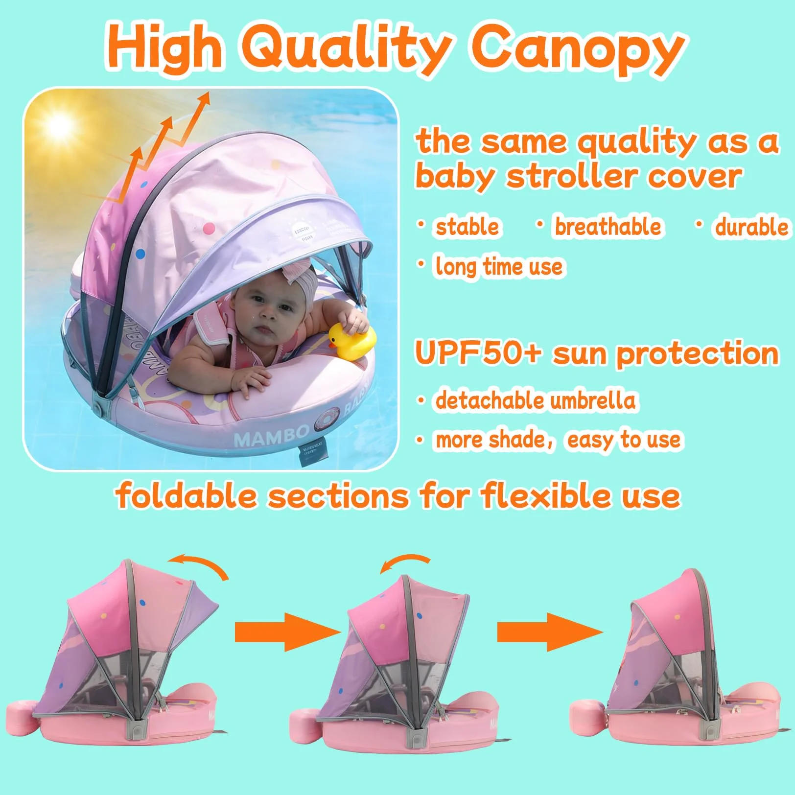 Mambobaby Float 98% UV Protection Canopy Safe Air-Free Core Baby Swimming Ring Toddler Pool Float Infant Non-inflatable Ring