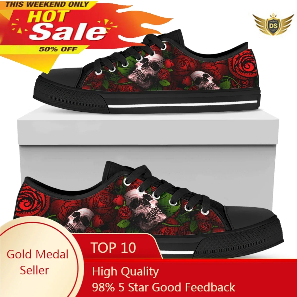 Women's Red Rose Skull Print Flat Shoes Summer Low Tops Canvas Shoes Women Comfort Casual Flats Shoes Lace Up Sneakers