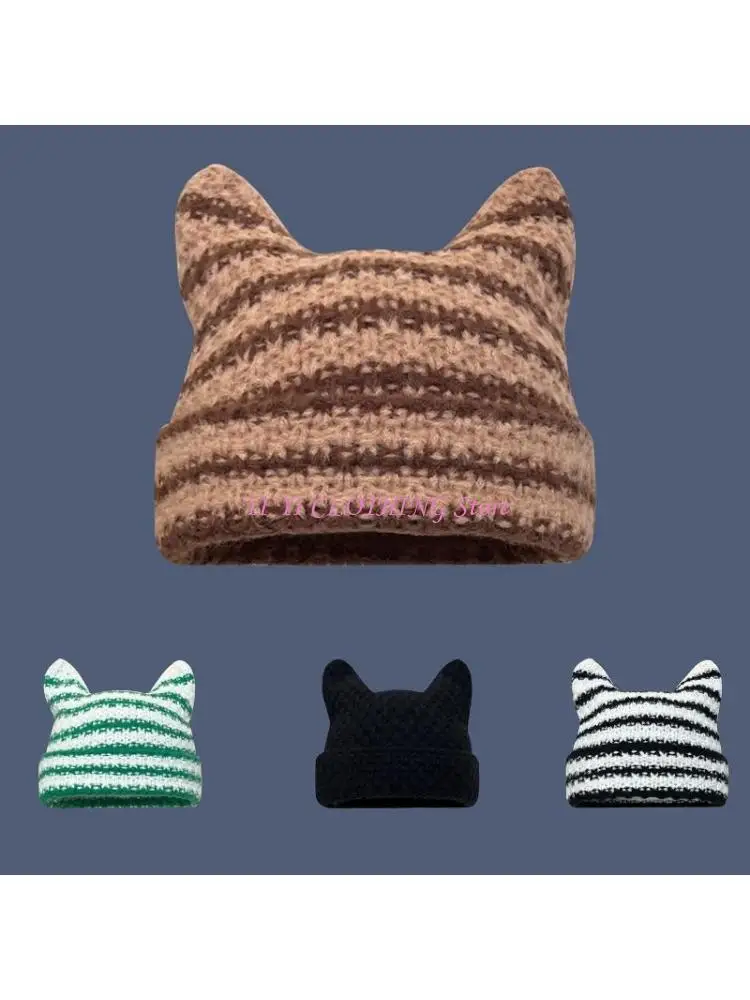 

N5KF вязаная крючком шапка Skullies шапка-бини с рогом дьявола, шапка-бини, шапка кролика, забавная шапка для женщин и девочек,