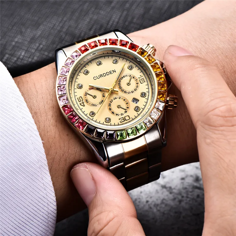 Men Brand Golden Watches Students Boys Fashion Full Stainless Steel Band Diamond Date Quartz Watch Reloj Hombre Acero Inoxidable