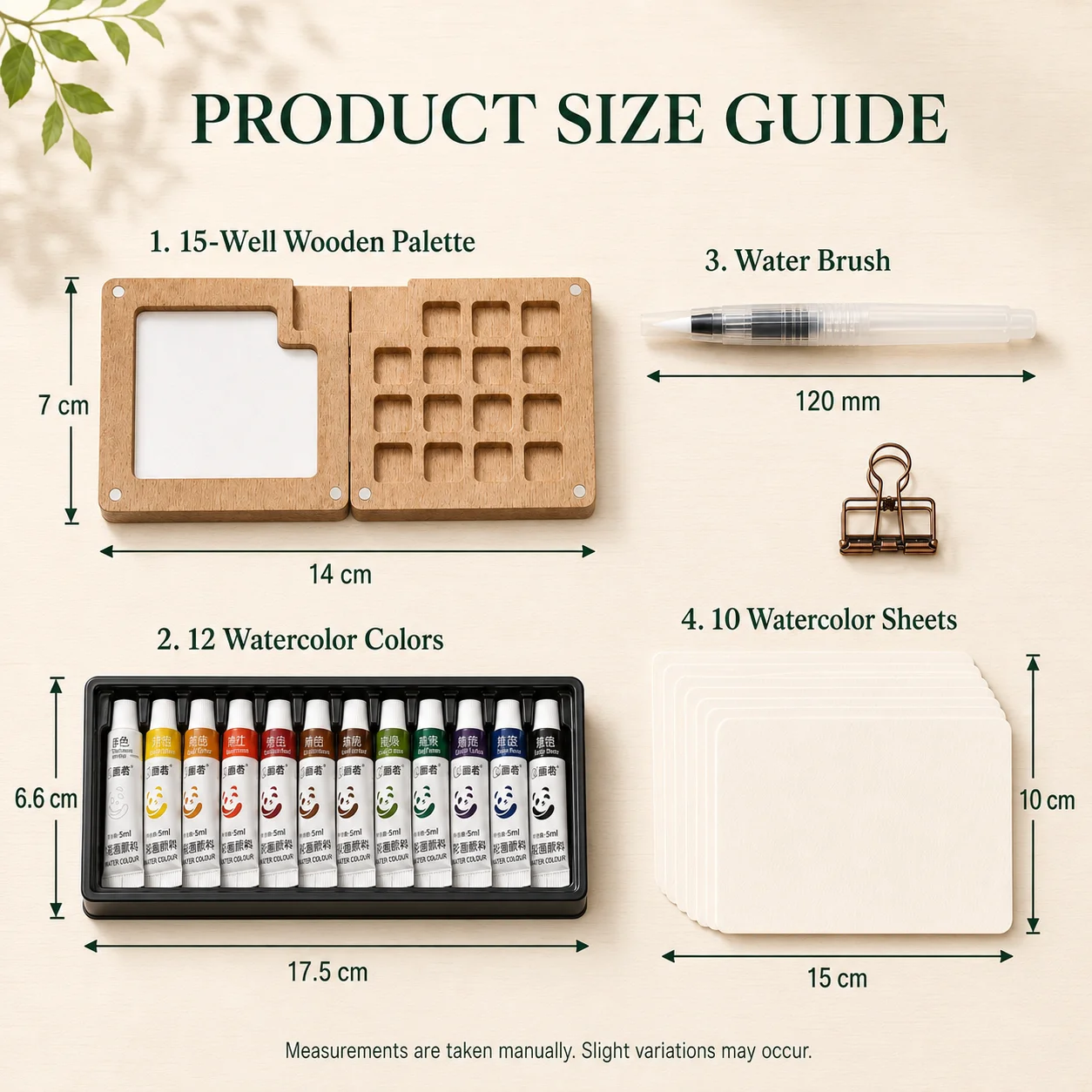 5PCS Mini Travel Watercolor Paint Set- 12 Color Pigment 15 Well Wooden Palette with Binder Clip Water Brush& Paper Art Pint