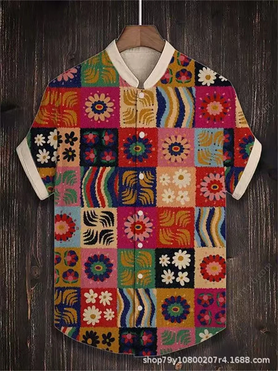 3D Digital Printing Loose Trend Short Sleeve Stand Collar Cardigan Elegant Art Clear Pattern Linen Shirt Casual Button Top