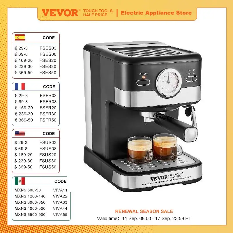 VEVOR Semi-Automatic Espresso Maker 15 Bar Espresso Machine with Milk Frother Steam Wand Professional Coffee Maker with Temp Gau