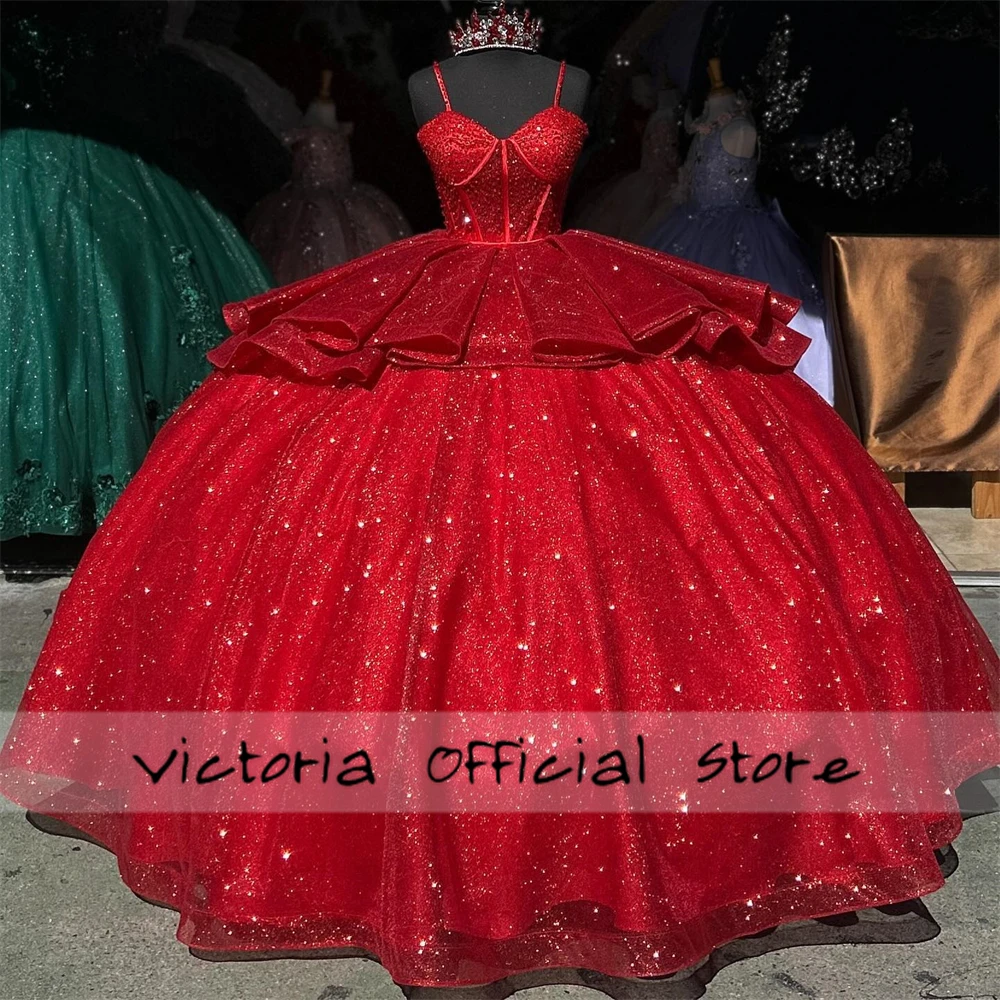 Sparkle Red Beaded Spaghetti Quinceanera Mexican Dresses Ball Gown Mexican Sweet Sixteen Dress Wedding Gowns vestidos de gala