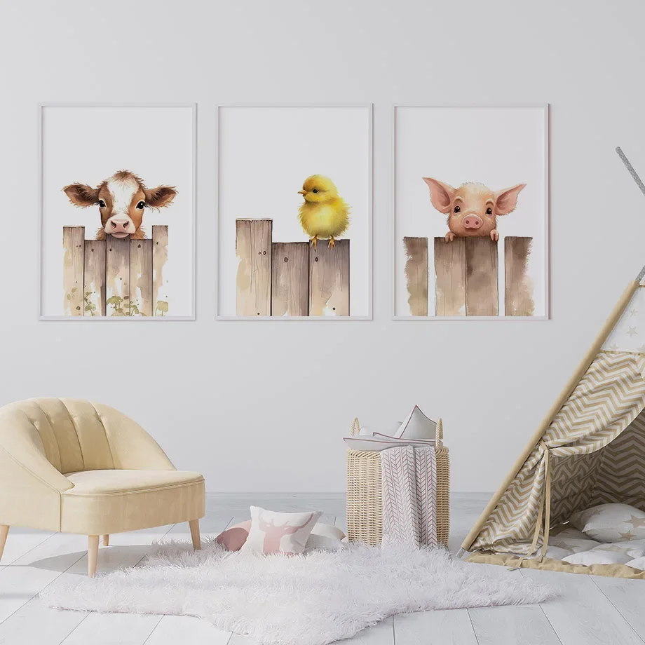 Adorable Funny Cartoon Farm Animal Pig Cow Duck Chicken Children Nursery Playroom Wall Art Paintings Poster Baby Kids Room Decor
