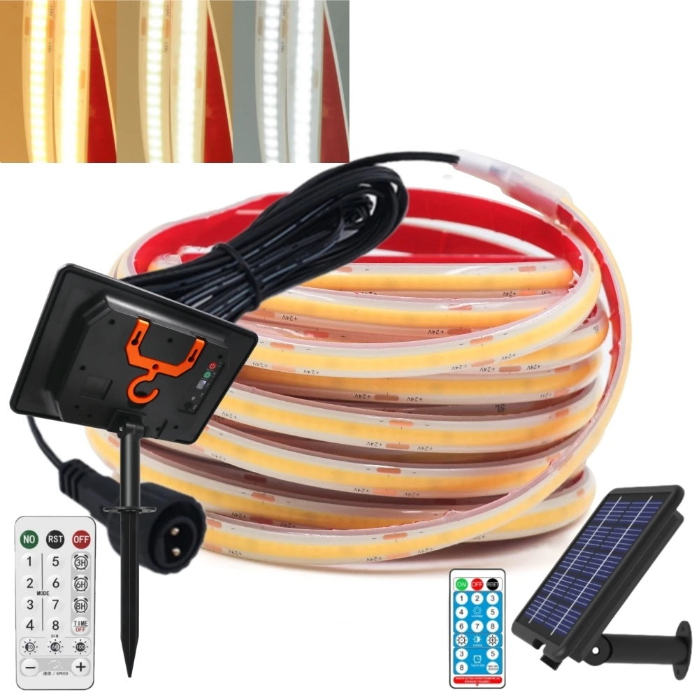 24V Dimmable Solar COB LED Strip Light 5M 320LEDs/M Self-Adhesive Tape Diode Rope IP68 RA90 Backlight Cold Natural Warm White
