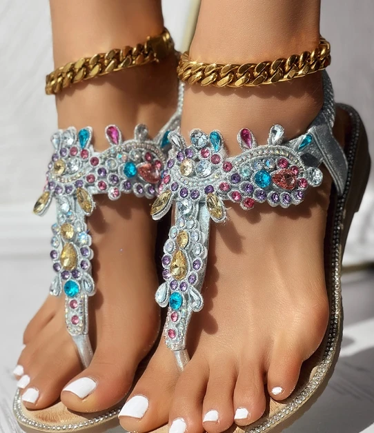 Bohemia Sandals Women 2024 Fashion Rhinestone Clip Toe Wedge Sandals Women's Non Slip Sole Beach Sandals