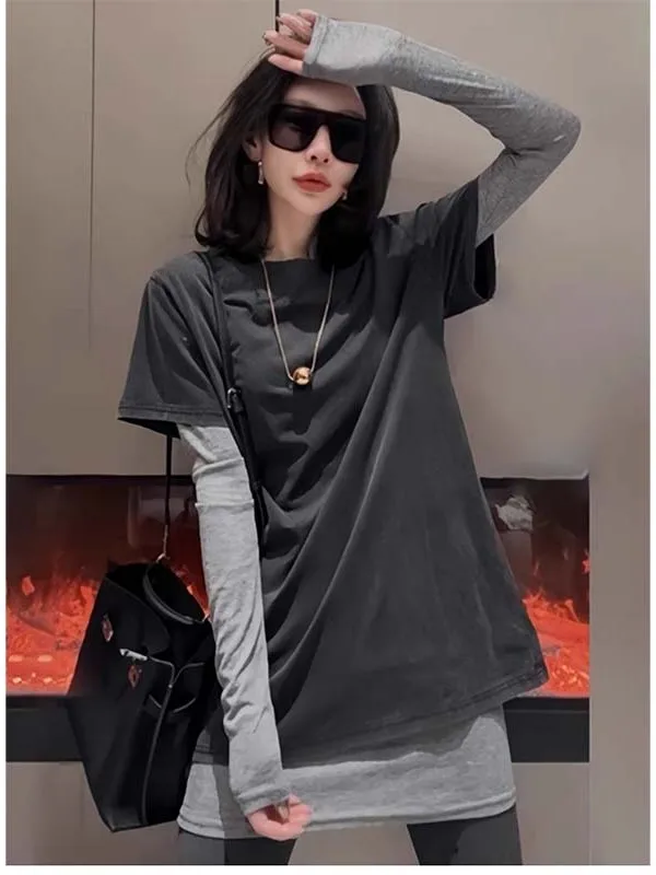 

Long Sleeve round Neck T-Shirt Women's Mid-Length Cover Butt Shark Pants Match Korean Style Spring Autumn Loose Fit Single Piece
