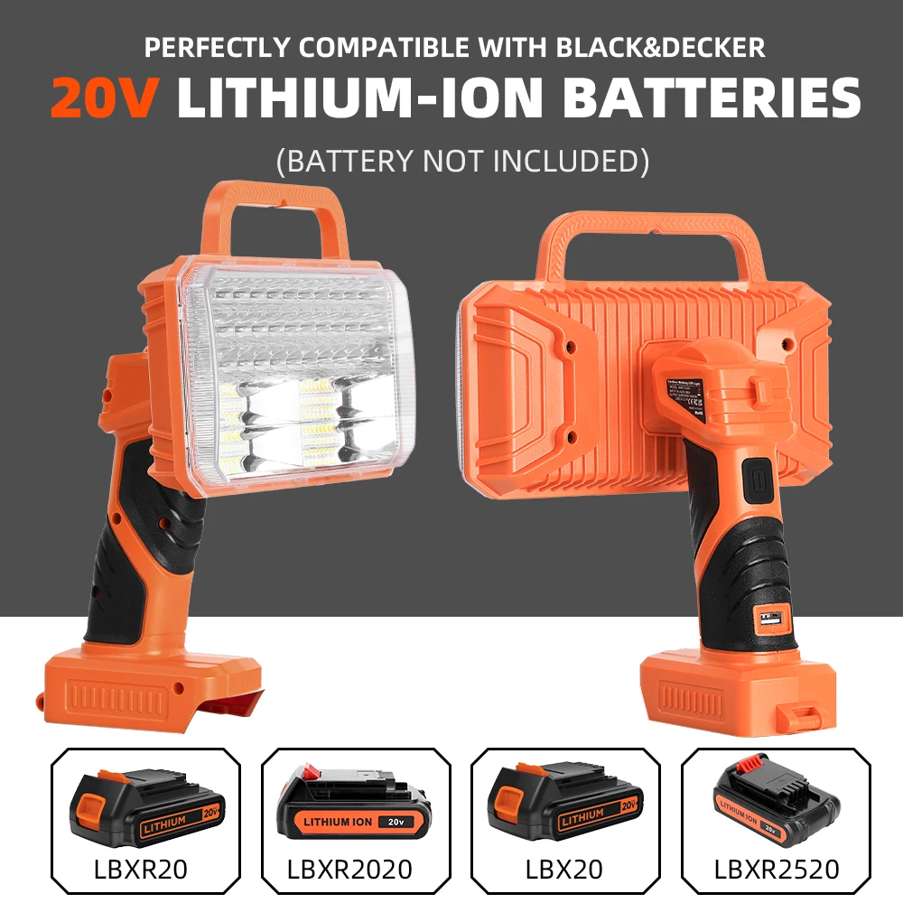 40W 4200LM LED Work Light For Black&Decker 20V USB Port 3 Modes 90° Pivot (Battery Not Included)