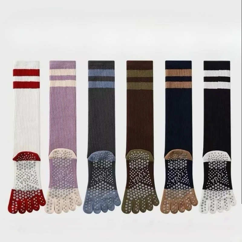 

6 pairs Women Compression Socks with Grip Non-slip Long Sports Toe Socks Calf Yoga Pilates Comfortable Five Finger Socks