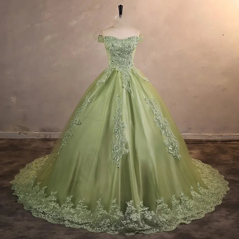 Custom JDY High Off Shoulder Lace Appliques Tulle Train Ball Gown Flower Girl Dress Wedding Party Gown Birthday Pageant Dress فس