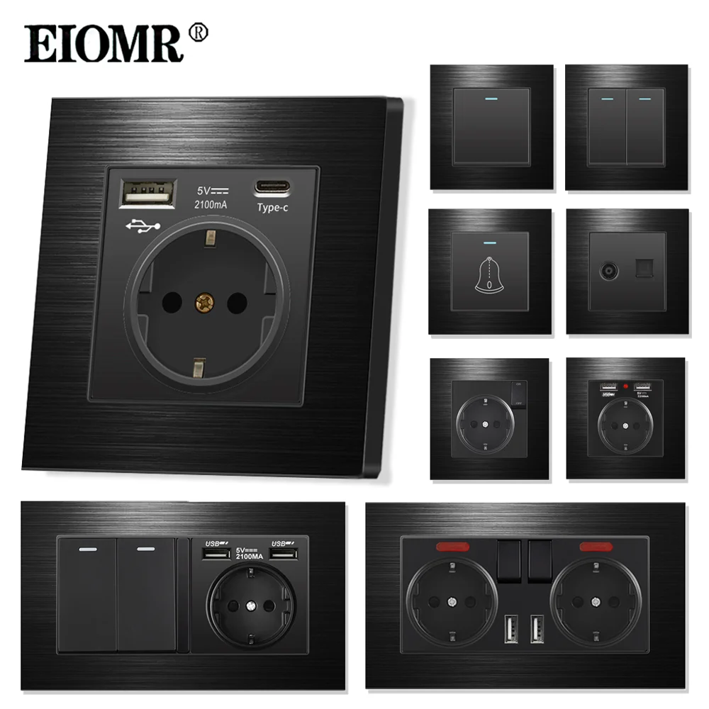 EIOMR 16A EU Standard Electrical Socket Switch Combination 86mm and 146mm Black Aluminum Brushed Panel Outlet for Home Appliance