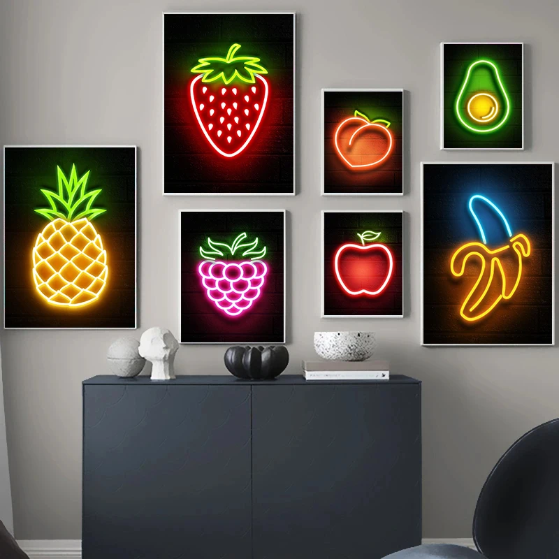 Lemon Apple Pineapple Banana Fruit Neon Sign Posters and Prints Wall Art Picture Canvas Painting for Kitchen Cartoon Home Decor