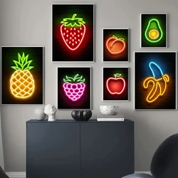 Lemon Apple Pineapple Banana Fruit Neon Sign Posters and Prints Wall Art Picture Canvas Painting for Kitchen Cartoon Home Decor