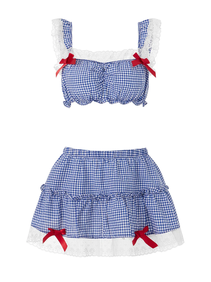 New Women Halloween Costumes Classic Lace Trim Plaid Crop Tops And Mini Skirts Set For Cosplay Role-Playing Party Outfits S M L