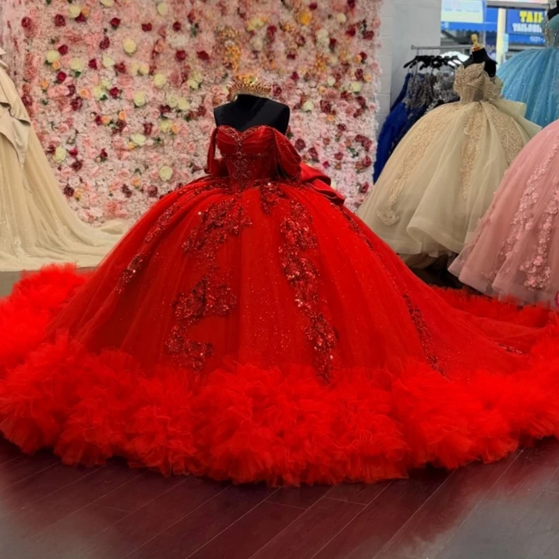 

Red Shiny Ball Gown Quinceanera Dresses Applique Lace Beading Crystal Bow Tull Corset Off Shoulder Sweet 16 Dress vestidos 15 de