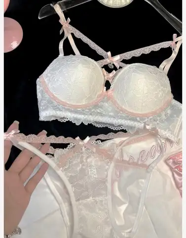 일본 여아용 반짝이는 다이아몬드 크로스 레이스 란제리 세트, 섹시한 레이스 브라, 모인 브래지어