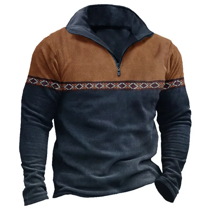 

Vintage Casual Men Splice Long Sleeve Half Zipper Polo Shirt European and American Men Daily Simple Outdoors Casual Polo Shirt