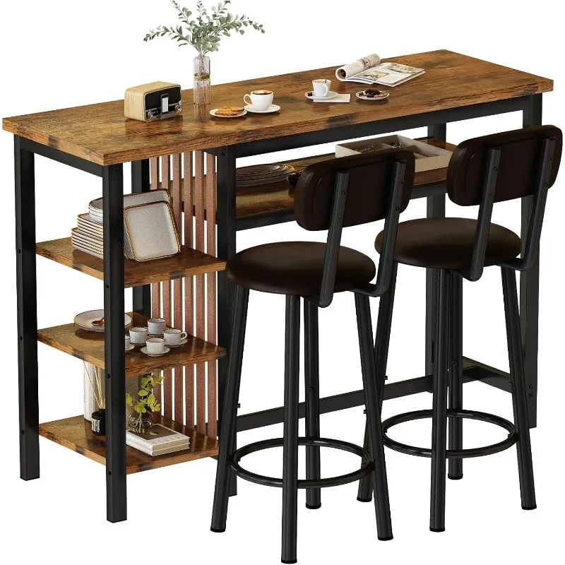 Counter Height Dining Set - Bar Table and 2 Upholstered Stools with Storage Shelves, Kitchen Breakfast Nook Pub Set