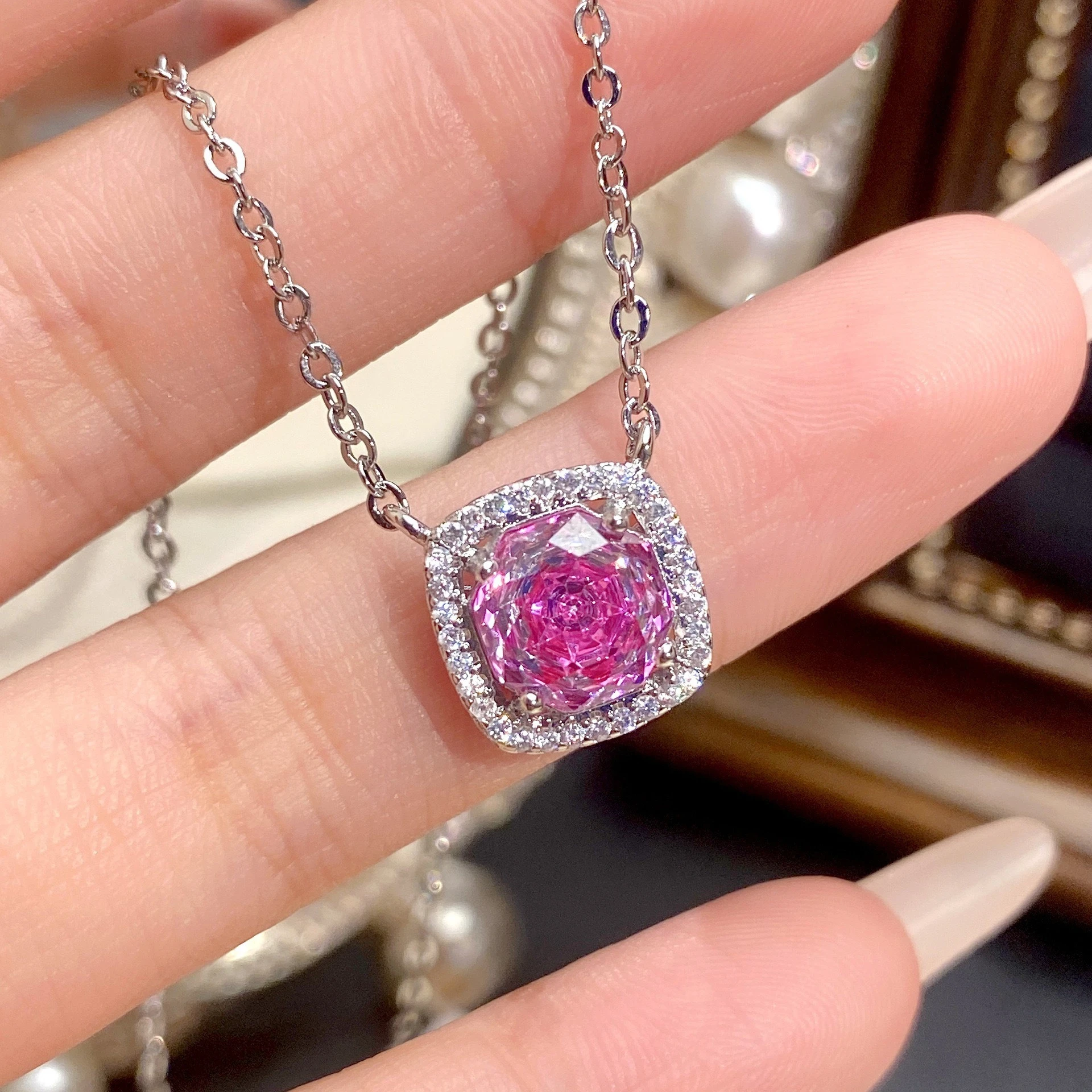 925 Sterling Silber Achteckiger Millennium Rose Cut Paraiba Hochkarätiger Diamant Princess Square Halskette Damen Schlüsselbeinkette – Detail 4