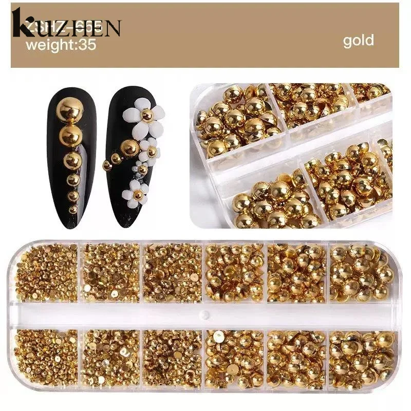 12 rasters gemengde halfronde parel gouden en zilveren nagelbedels nageldecor manicure nagelsalonaccessoires