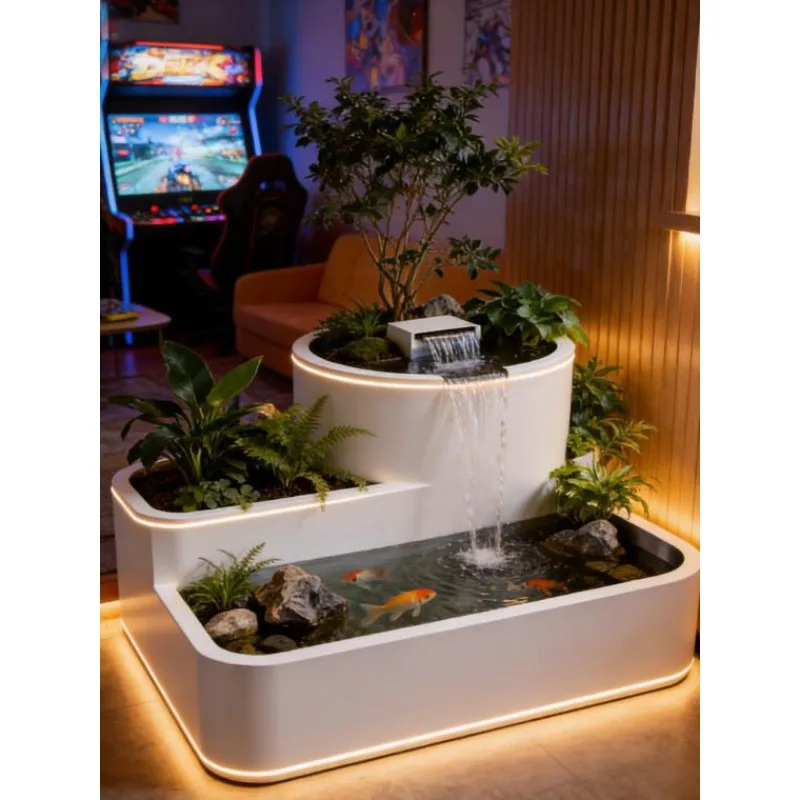 Luxury Multi-tier Stainless Steel Water Feature Modern Garden Fish Pond Fountain with Planter Outdoor Villa Landscape Decoration