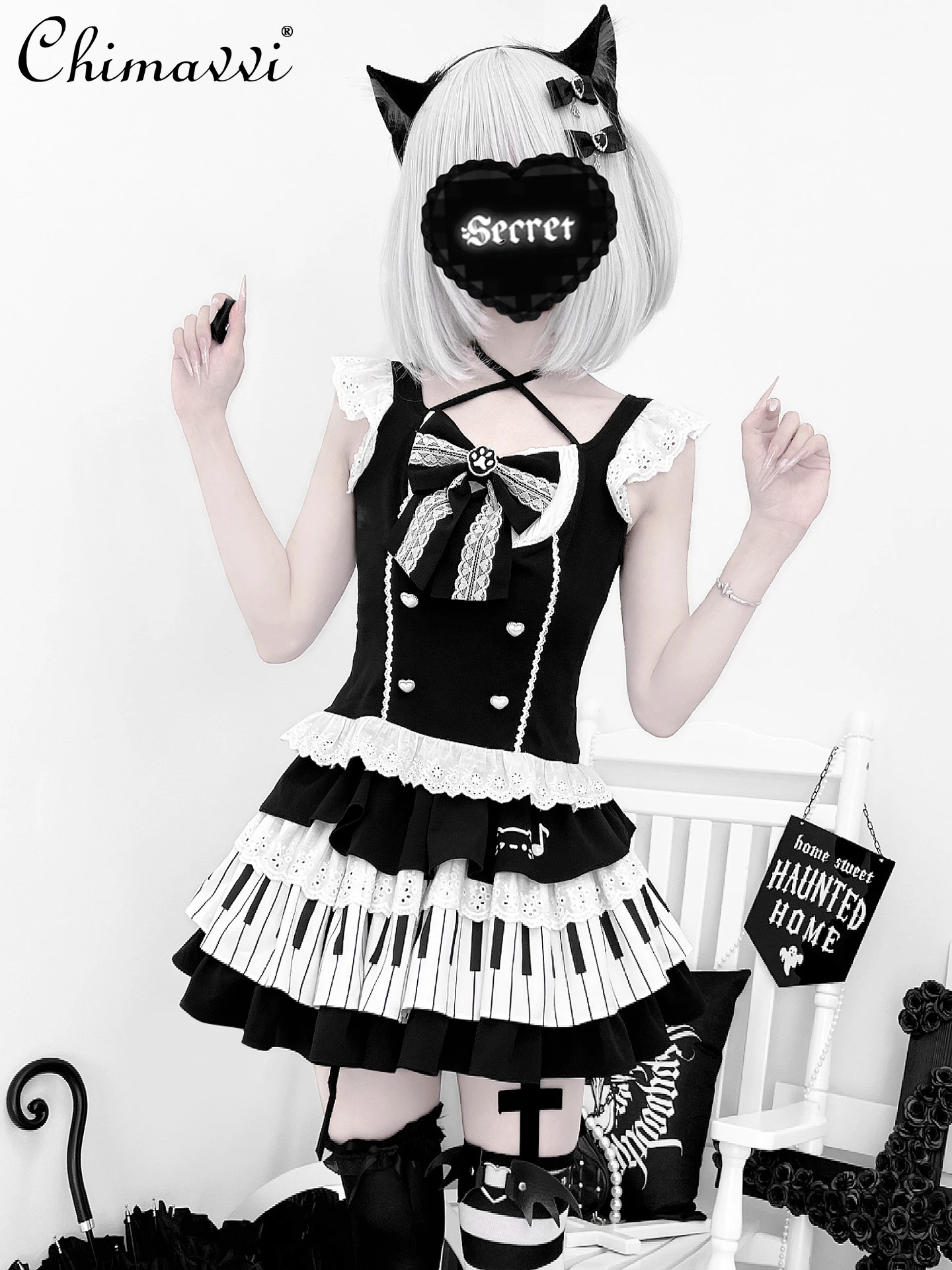 Original New Japanese Subculture Cute Bow Sleeve Top + Short Skirt Two-piece Set 2025 Summer Dark Girls Women Y2k Outfits